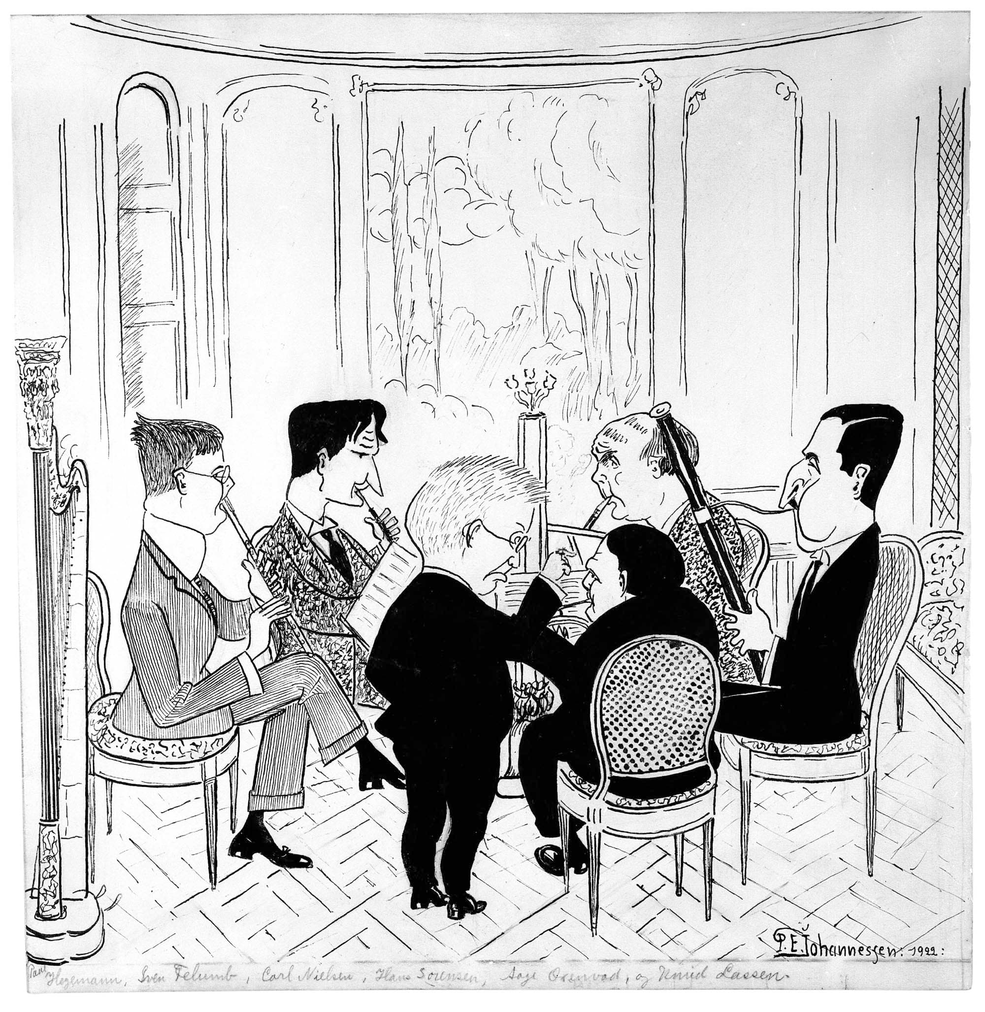 Politiken bragte tirsdag den 10.10.1922 P.E. Johannesens tegning med denne tekst: ”Aftenens Musikbegivenhed var ”Ny Musik”s Koncert med Fremførelsen af Carl Nielsens nye Kvintet for Blæsere. Ovenstaaende Billede viser en Prøve i Hr. Poul Hagemanns Musiksalon i Palæet i Grønningen. De musicerende er foruden Hr. Hagemann selv, der trakterer Fløjten, Oboisten Hr. Svend Felumb, Clarinettisten Aage Oxenvad, Fagottisten Hr. Knud Lassen og Hornisten Hr. Hans Sørensen. I Forgrunden Mesteren for Værket, Hr. Carl Nielsen, i Færd med at give sin udvalgte Stab de sidste Vink.”  (MMCCS).