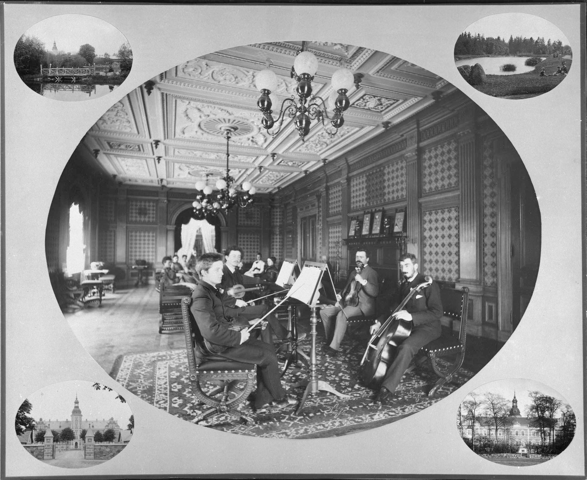 Kammermusik på Østrupgård ved Odense Fjord, sommeren 1890. Strygekvartetten består af Carl Nielsen, Julius Borup, Holger Møller og Georg Seligmann. (CNM).