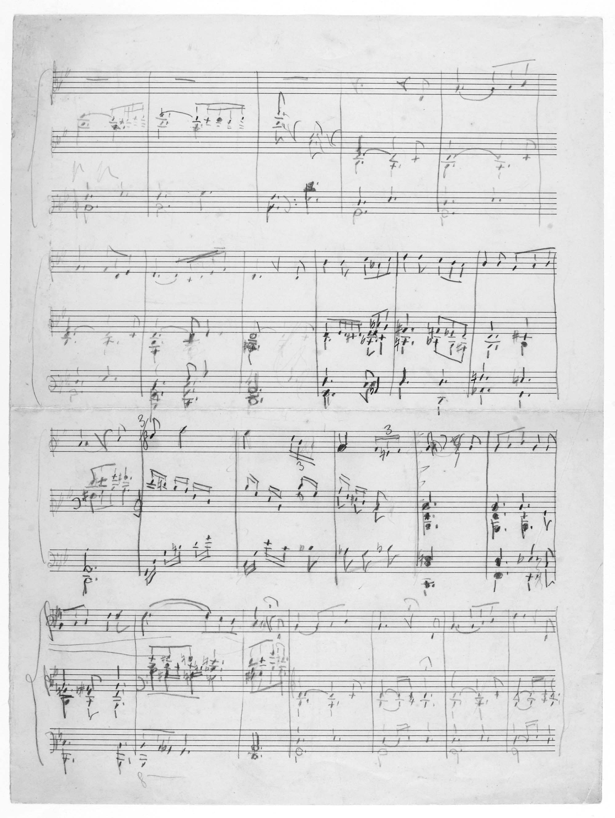 Dette og næste billede: Irmelins ”lille meget enkle Førstefødte”. De fire takter i 3/8, takt 13-16, har voldt særligt besvær. De er først blevet rettet på en ekstra lap, med denne besked til faderen: ”Kære Far! Fra den 12te Takt har jeg taget fejl. Det skal være saadan som jeg her har skrevet det, dobbelt så hurtigt altsaa; ellers falder man da ogsaa rent i Søvn. Disse 4 Takter er forresten netop dem som jeg selv synes bedst om.” Som manuskriptet er overleveret os, er de pågældende takter blevet bragt i overensstemmelse med rettelsesbladet til faderen. (KB, HA CNA).