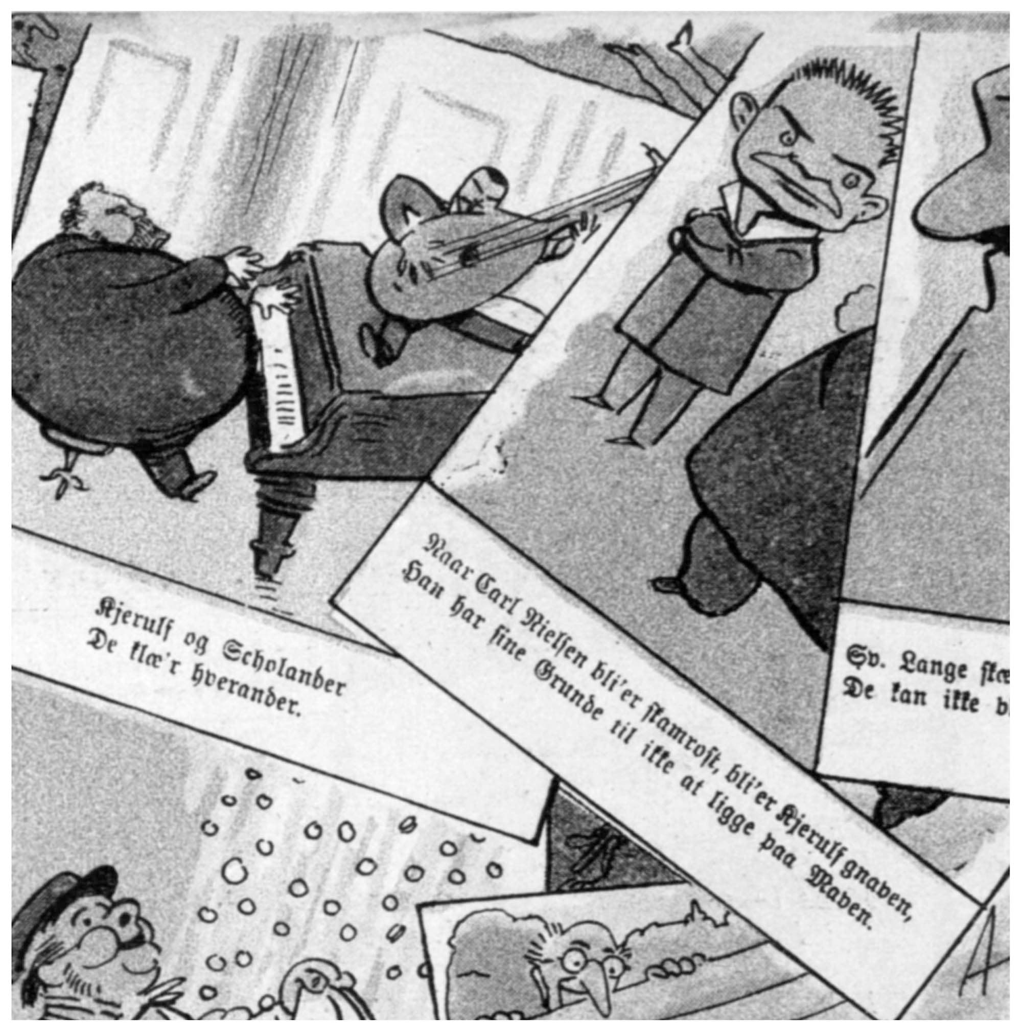 Carl Nielsen i Blæksprutten 1903. Satiren handler bl.a. om Carl Nielsens sammenstød med Charles Kjerulf under en polemik om Thomas Laubs folkeviseaftener i november 1902. Carl Nielsen havde i en artikel i Politiken kaldt Kjerulfs yndling Sven Scholander ”en svensk Abekat, der gerne sang sig selv i R....”, jf. Samtid s. 41-43.