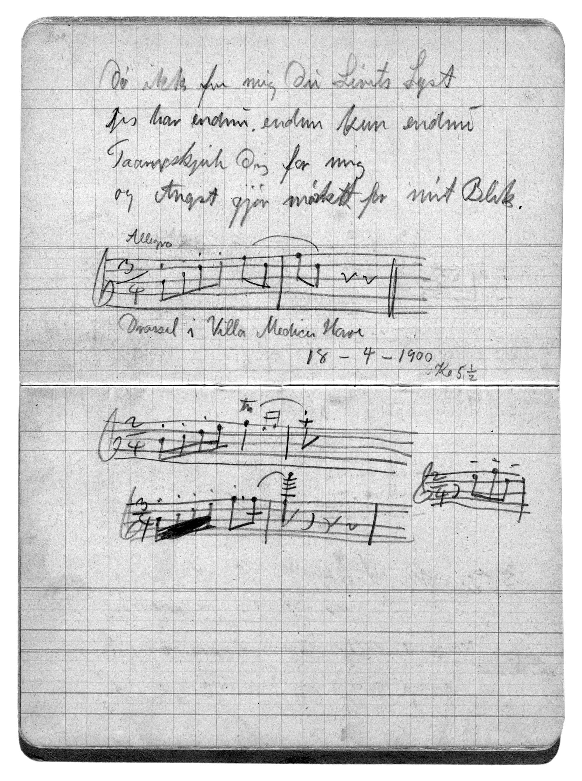 2.17. Carl Nielsens notesbog fra Rom: Teksten er fra Saul og David, 2. Akt, morgenmusikken af en drossel i Villa Medicis have den 18.4.1900. Foto: Det Kongelige Bibliotek, Kort- og Billedafdelingen.